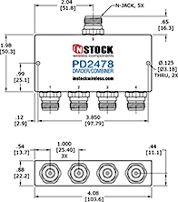 4-Way, IP67, 2400-6000 MHz N-Jack Power Splitter Combiner Outline Drawing